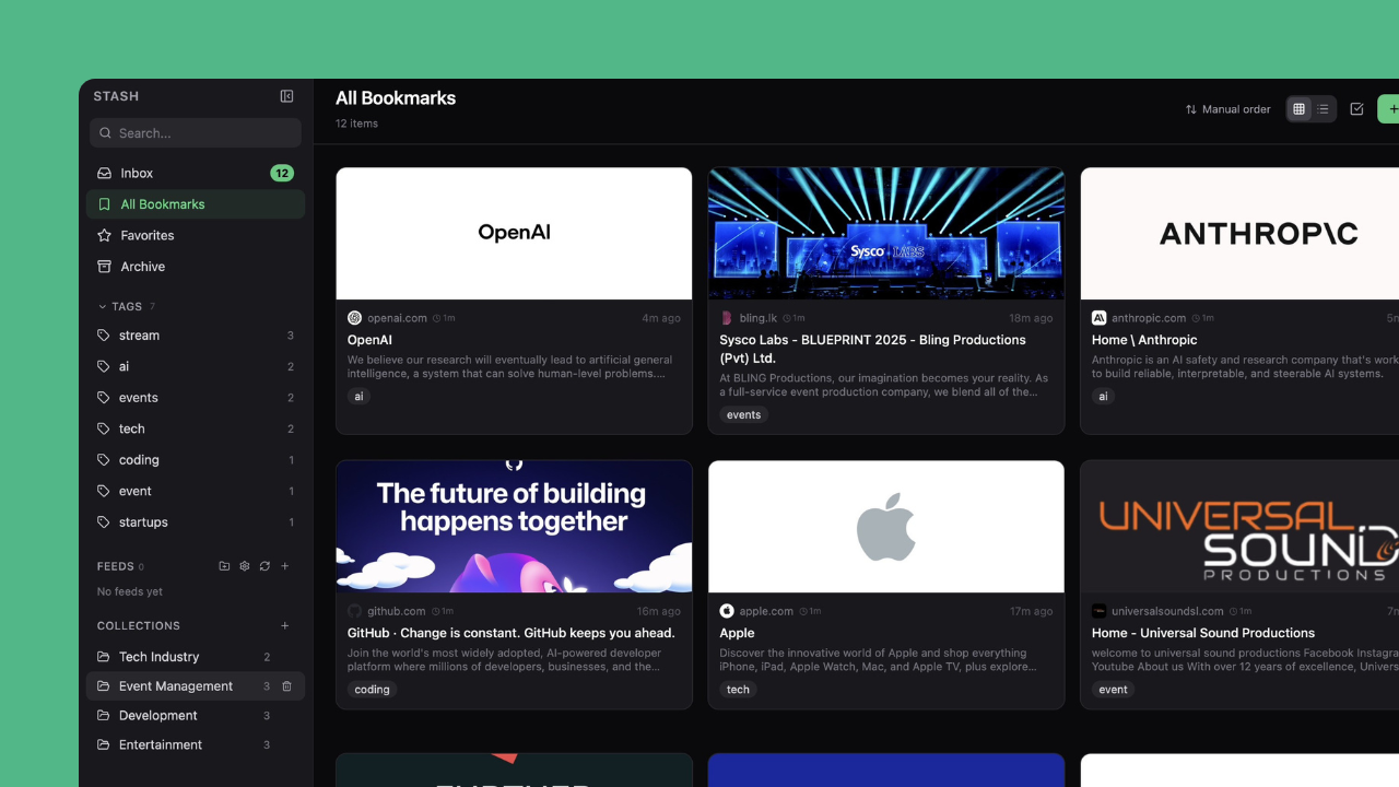 Bookmark grid view with tags and collections